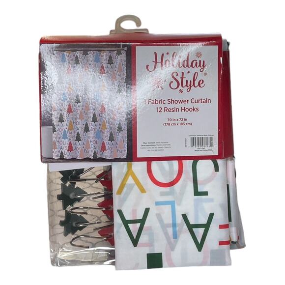 Holiday Style New Multi Color Trees Fabric Shower Curtain Set 12 Resin Hooks - Picture 2 of 3